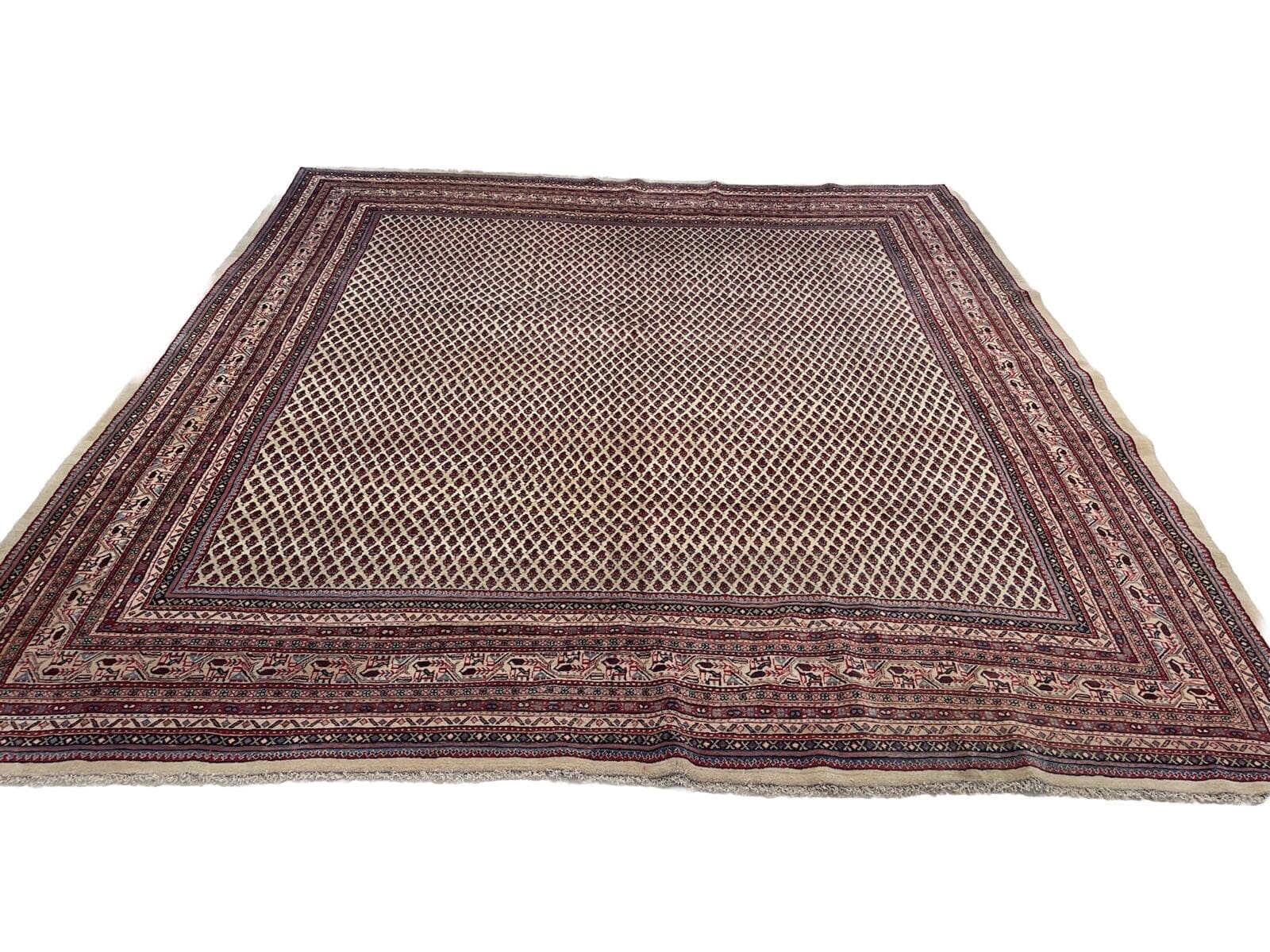 Klassischer Sarough Mir Perserteppich 300x300 cm - Handgeknüpft mit geschwungenen Elementen im einzigartigen Design und rosa Bordüre - Besondere Schurwolle - Traditionelles...