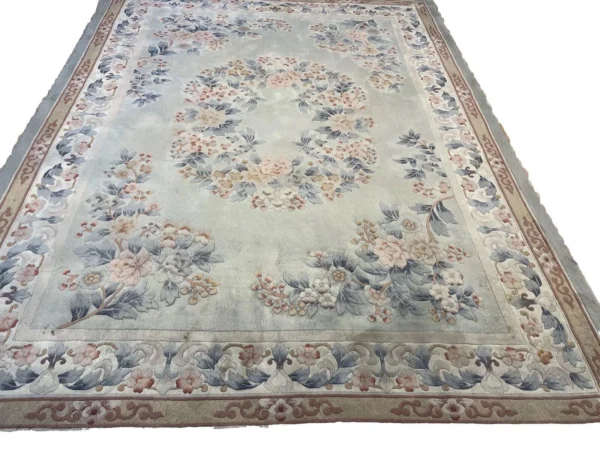 Antiker Peking Teppich 350x250 cm – Leuchtende Farben, Gobelin Design, Top Zustand, Pastell Grün – handgeknüpft, Perserteppich