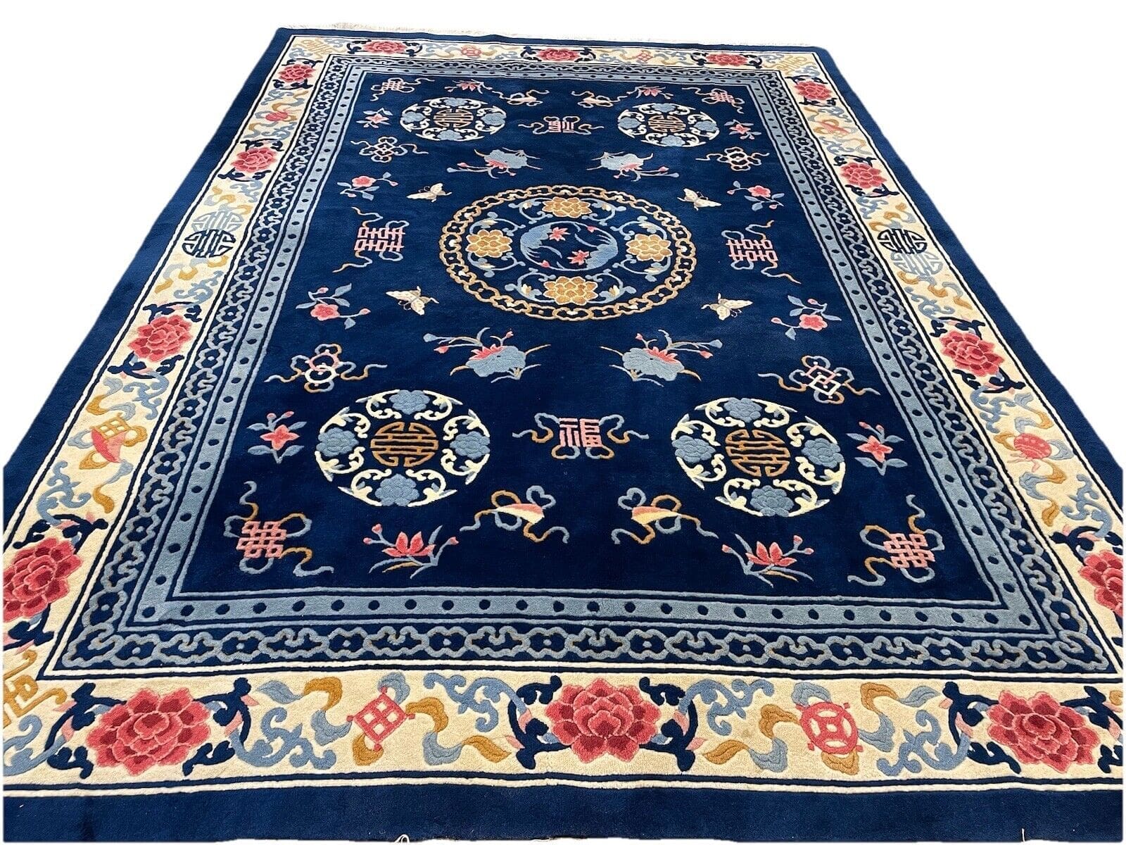Antiker Peking Teppich 250x350 cm - 100% Wolle, Pao Tau Design, Petrol Blau - Handgeknüpft, Perserteppich
