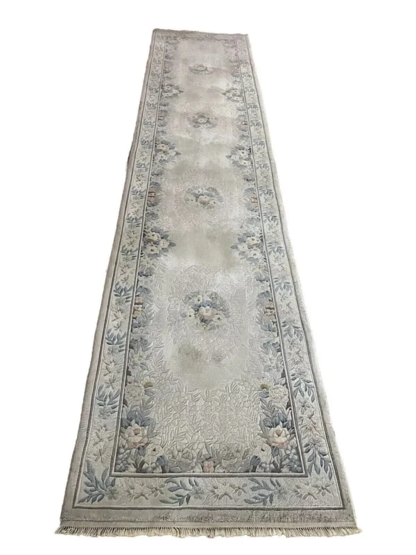 Original Peking Läufer 350x76 cm - Reine Seide, Grau-Beige, Handgeknüpft, Hochflor, Traditionelles Orientalisches Design, Perserteppich