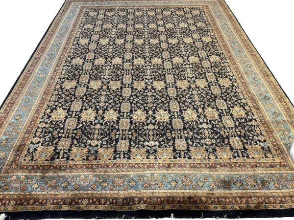 Exquisiter handgeknüpfter Perserteppich 350x255cm - Extrem feine Kashmir Wolle in traditionellem Alt Blau, 100% reine Schurwolle, Kett- und Schussfäden aus Baumwolle, handgeknüpft