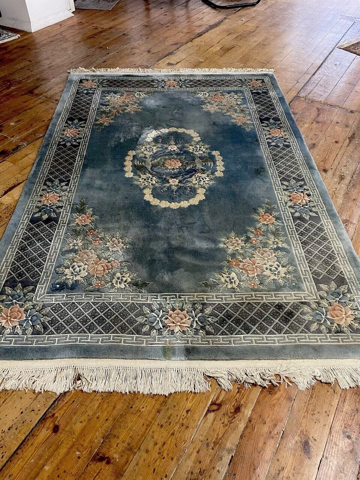Antiker Peking China Teppich 240x170 cm – Hochflor Beige/Grün, 100% Reine Seide, Perfekter Originalzustand, Handgeknüpft, Perserteppich