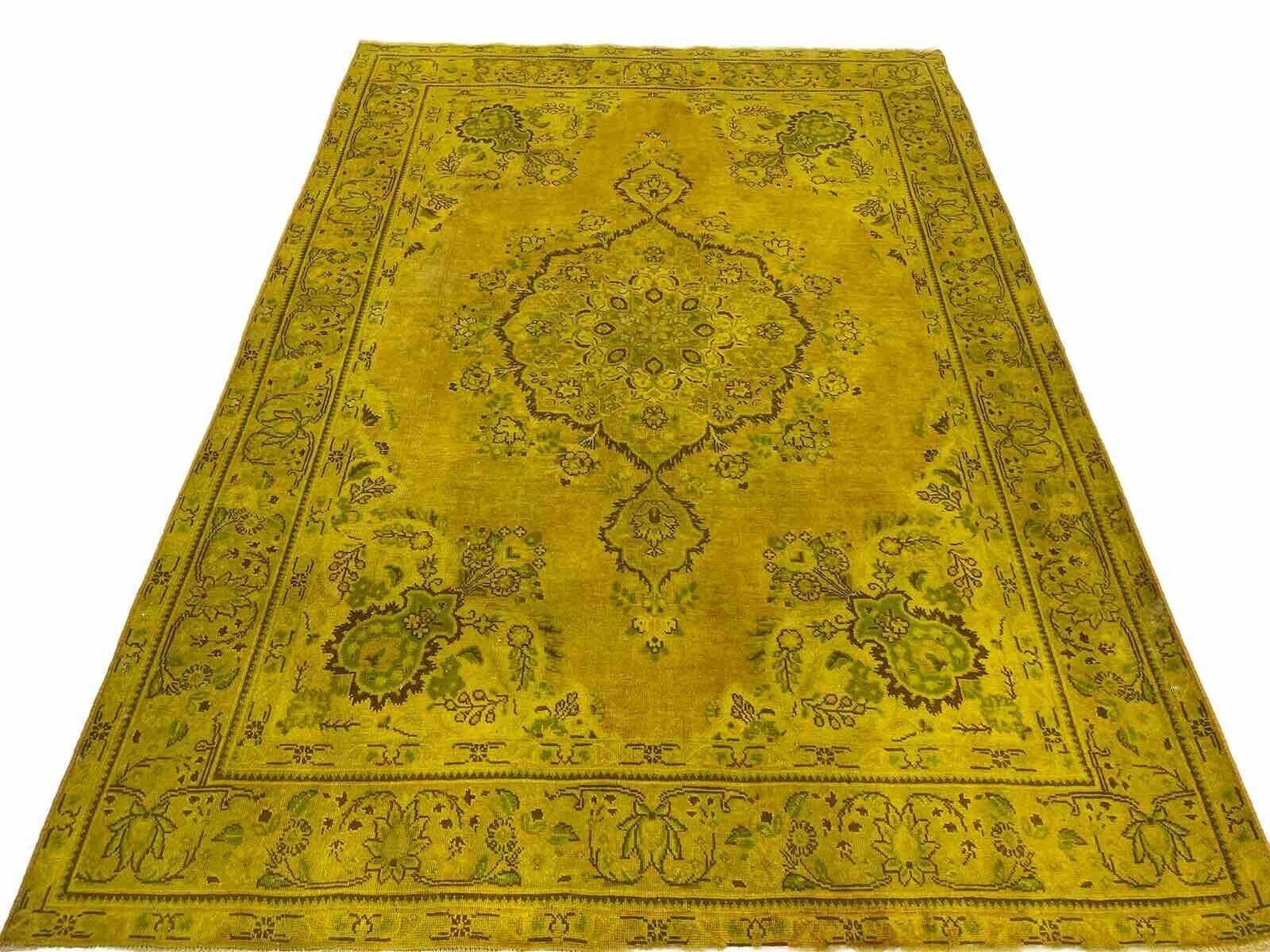 Exklusiver Goldener Vintage Perserteppich 300x400 cm - Handgeknüpft aus 100% Wolle, Türkis Grün, Florhöhe im Vintage Look, Perserteppich