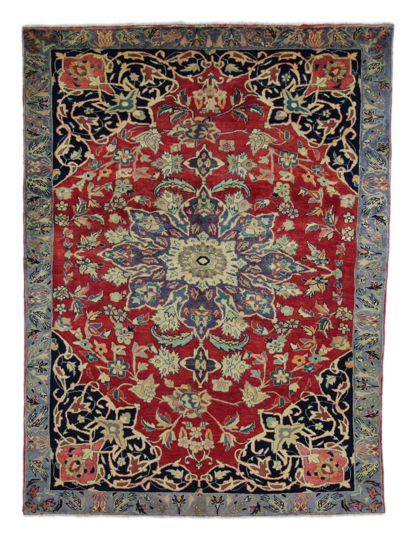 Bakhtiar Teppich 297 x 220 cm, Knotenanzahl: 150.000 - 200.000/m², Gartenmuster mit Pflanzen- und Tiermotiven, rot-braun-creme, handgeknüpft, Perserteppich