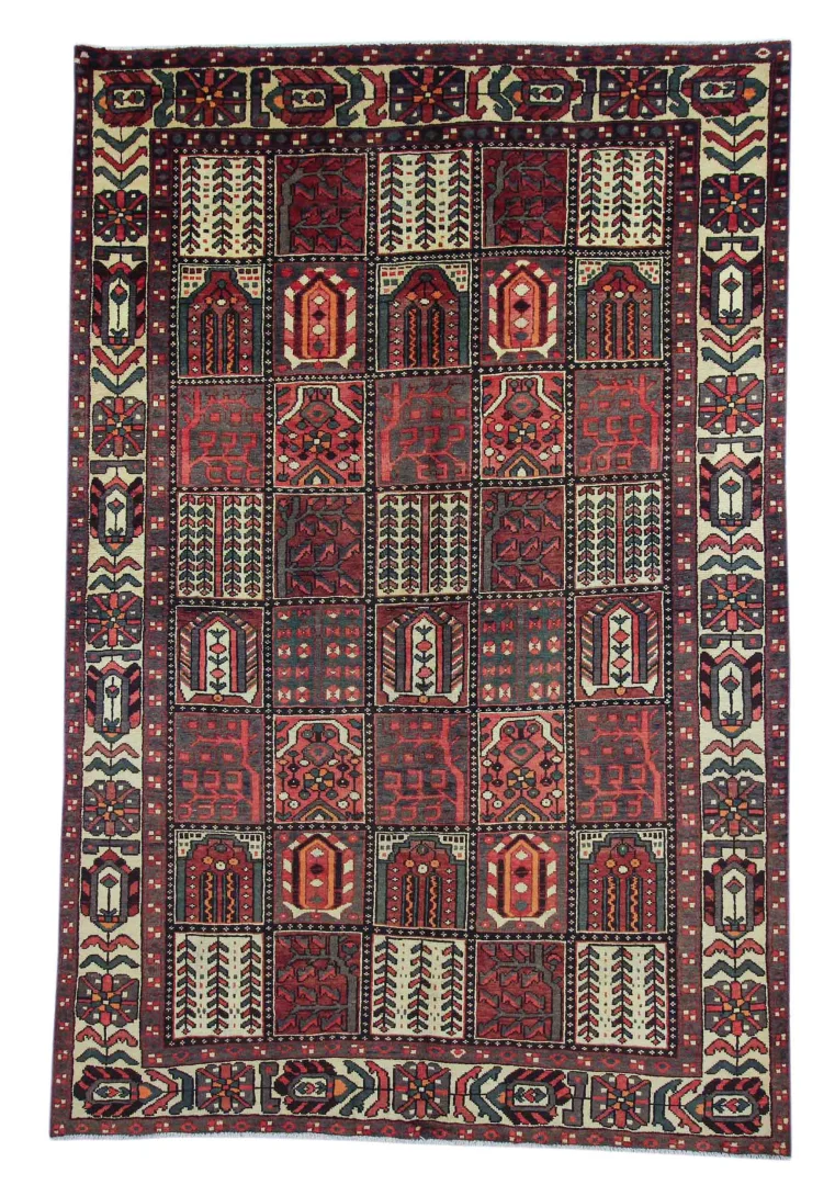 Bakhtiar Teppich 303 x 200 cm - 150.000 - 200.000 Knoten/m² - Widerstandsfähig & Belastbar - Gartenmuster "Kheshti" mit Naturfarben in Rot, Braun und Creme - handgeknüpft