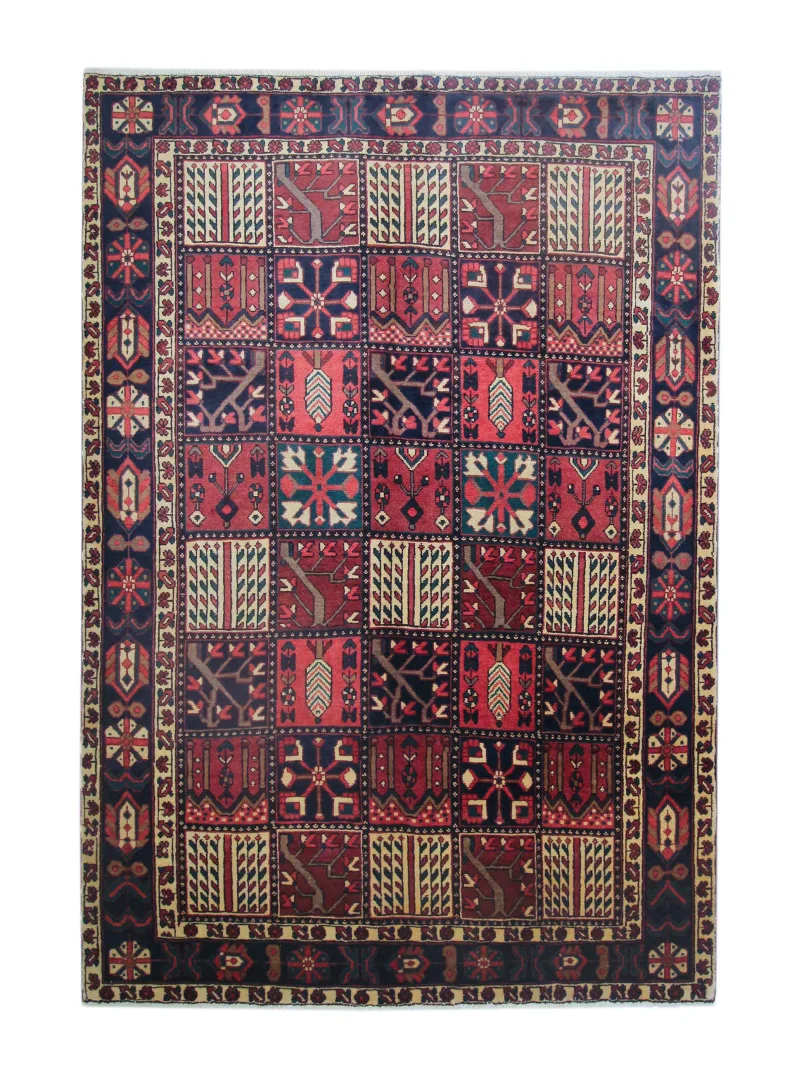 Bakhtiar Teppich 307 x 210 cm - Knotendichte 150.000-200.000 Knoten/m² - Widerstandsfähig mit Gartenmustern in rot, braun und creme - handgeknüpft - Perserteppich