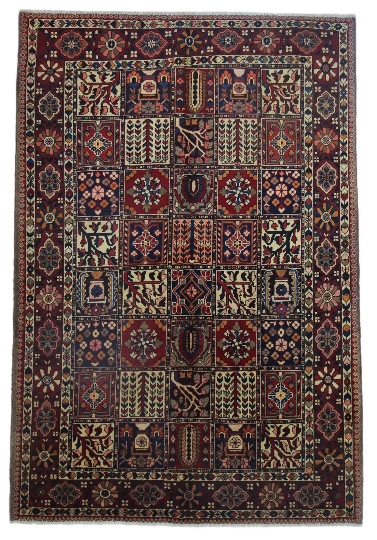 Bakhtiar Perserteppich 316 x 215 cm, Knotendichte: 150.000 - 200.000 Knoten/m², robustes Gartenmuster mit Pflanzen- und Tiermotiven, handgeknüpft
