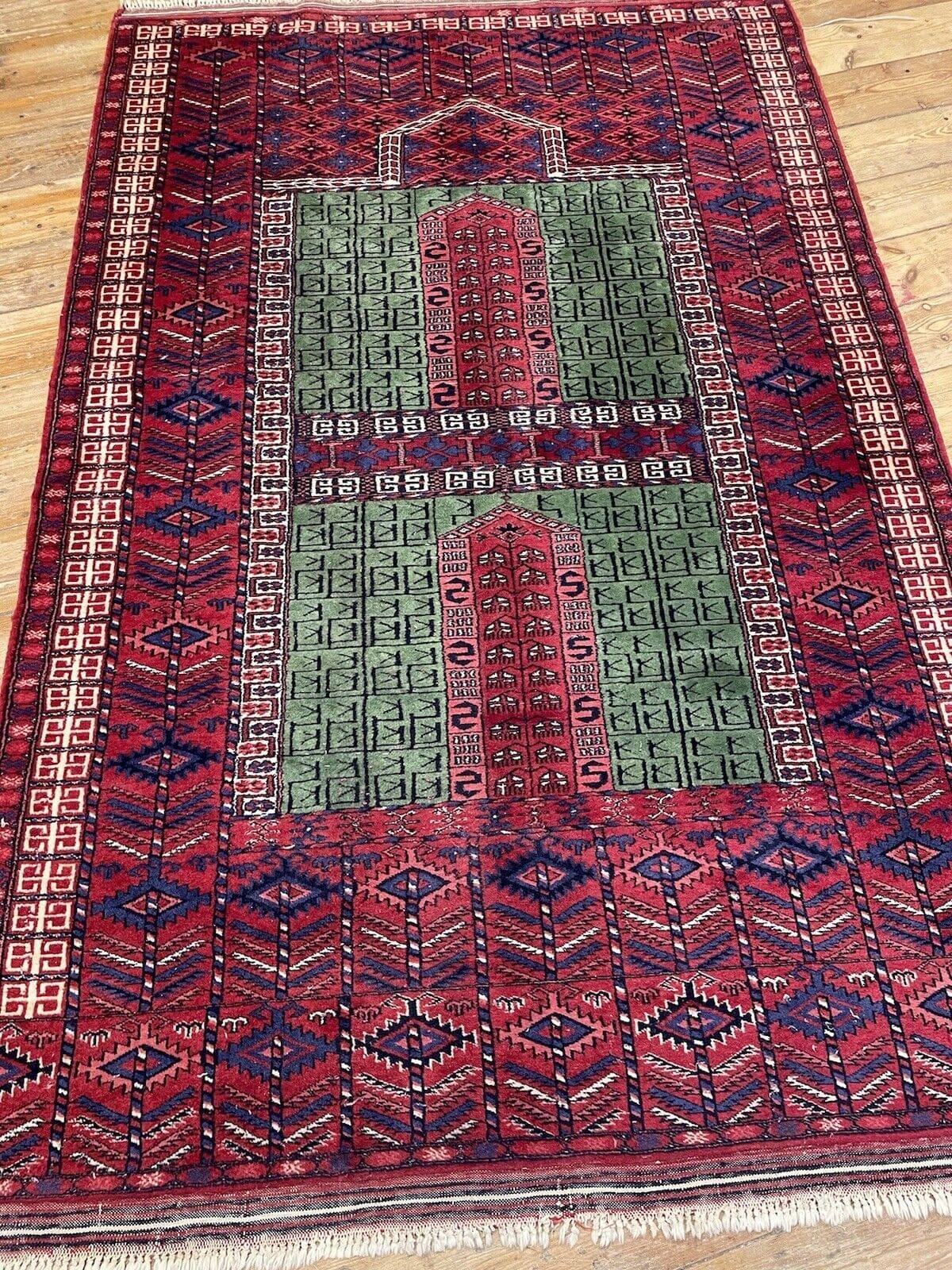 Antiker Afghan Khal Mohammadi Teppich 193x125 cm - Extrem fein, orientalisch-asiatisches Design in Grün und Rot, 6mm Florhöhe - handgeknüpft, Perserteppich