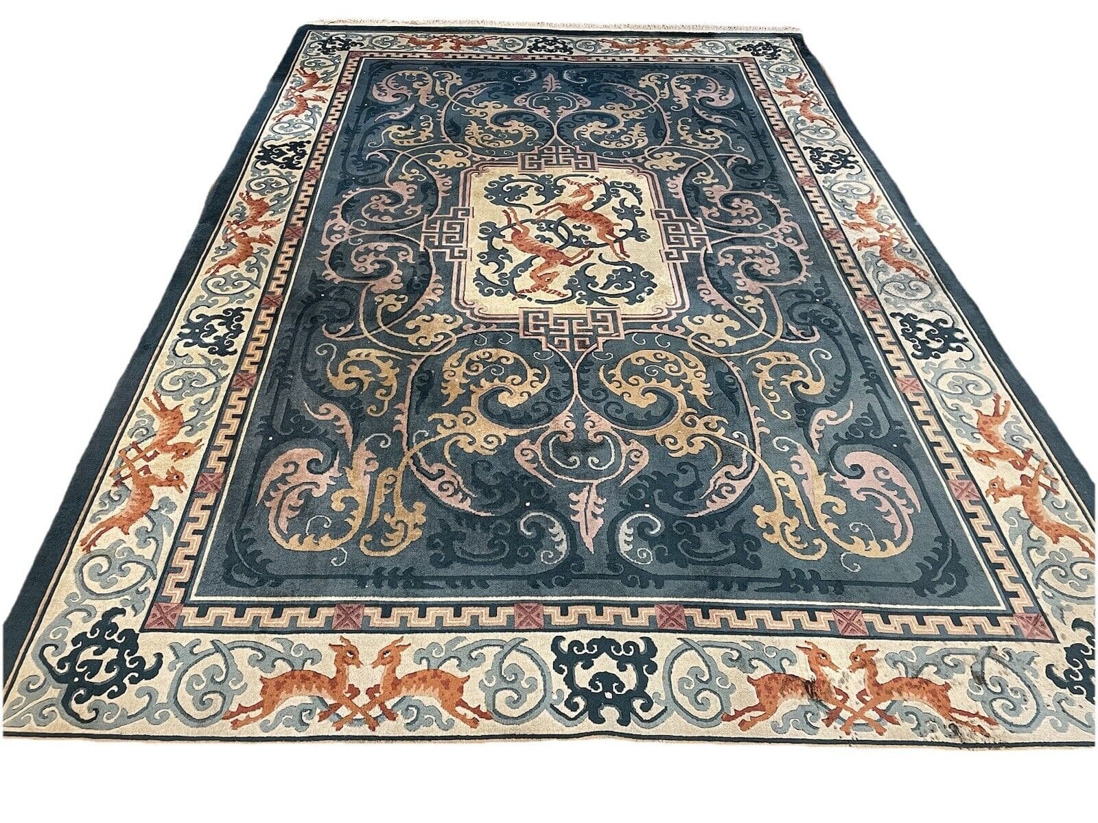 Antiker Peking Teppich 305x205 cm - 80 Jahre alt, seltenes Pao Tau Design, Petrol Blau, klassisches Royal Peking Muster, handgeknüpft, Perserteppich