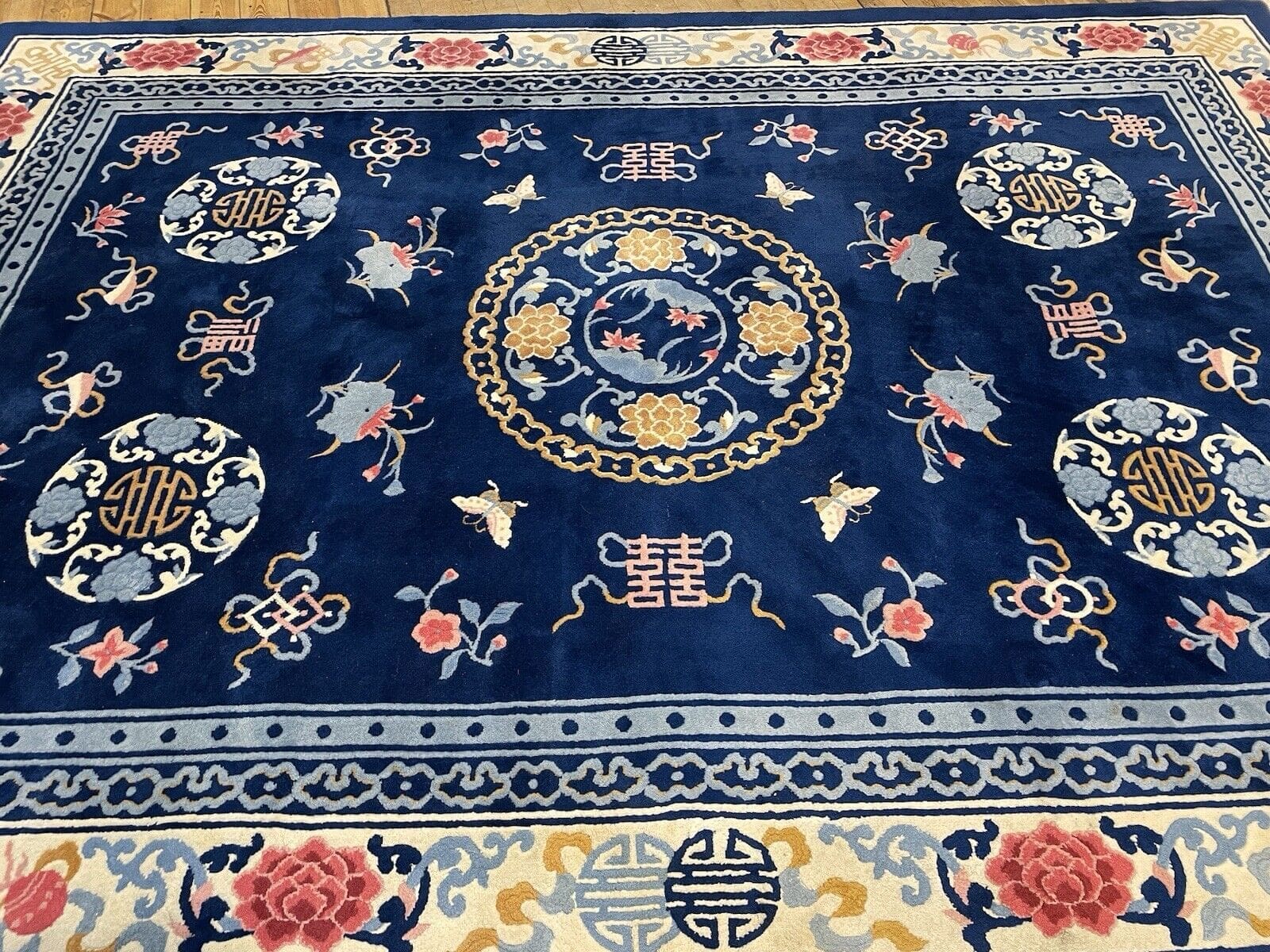 Antiker Peking Teppich 250x350 cm - 100% Wolle, Pao Tau Design, Petrol Blau - Handgeknüpft, Perserteppich
