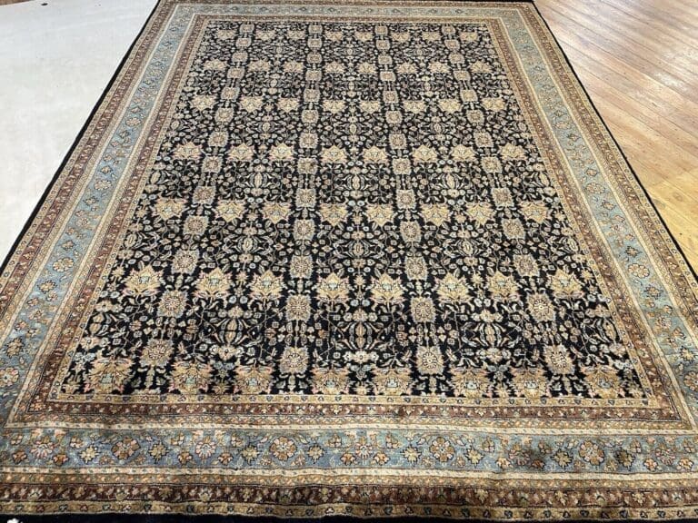 Exquisiter handgeknüpfter Perserteppich 350x255cm - Extrem feine Kashmir Wolle in traditionellem Alt Blau, 100% reine Schurwolle, Kett- und Schussfäden aus Baumwolle, handgeknüpft