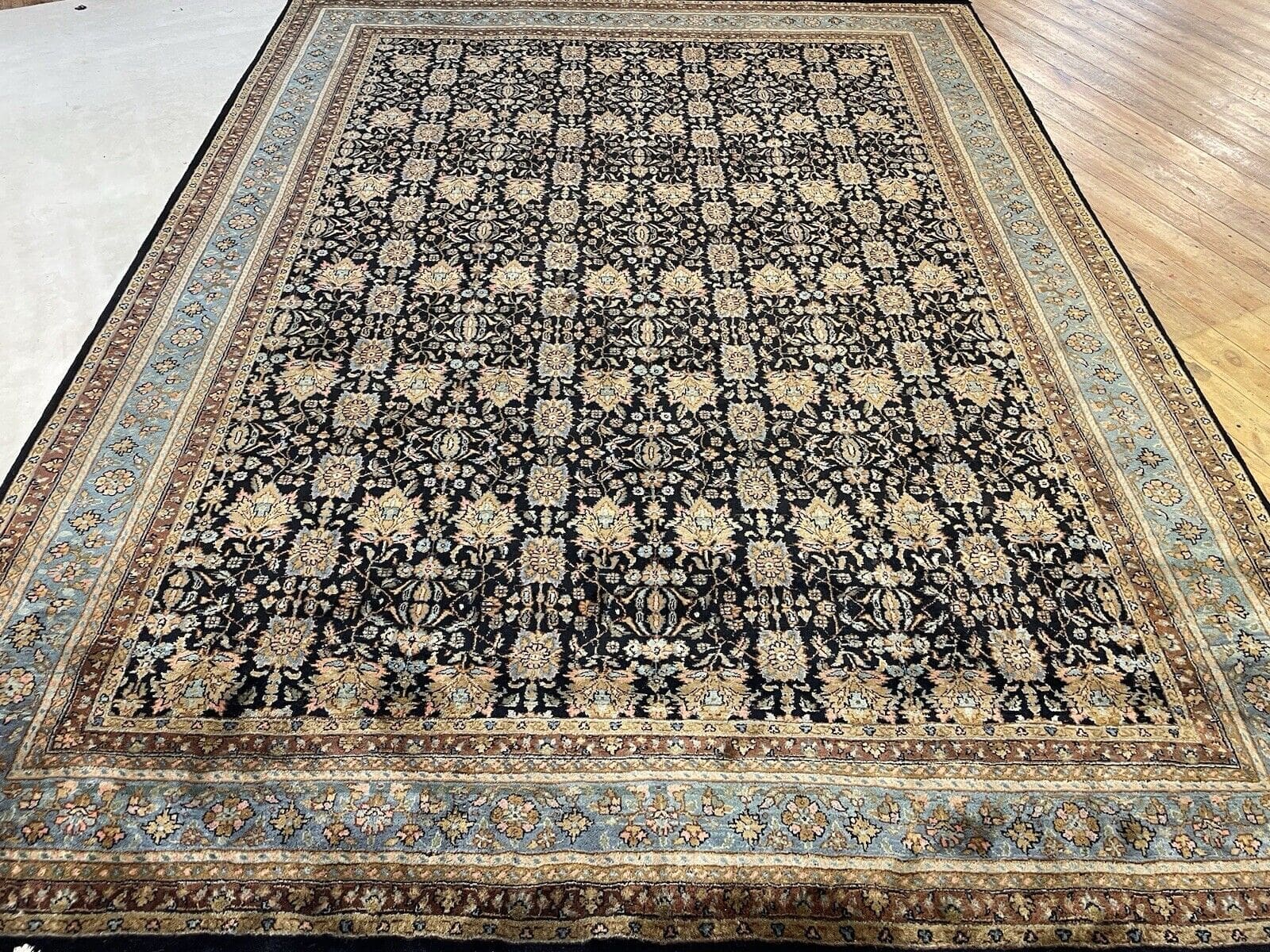 Exquisiter handgeknüpfter Perserteppich 350x255cm - Extrem feine Kashmir Wolle in traditionellem Alt Blau, 100% reine Schurwolle, Kett- und Schussfäden aus Baumwolle, handgeknüpft