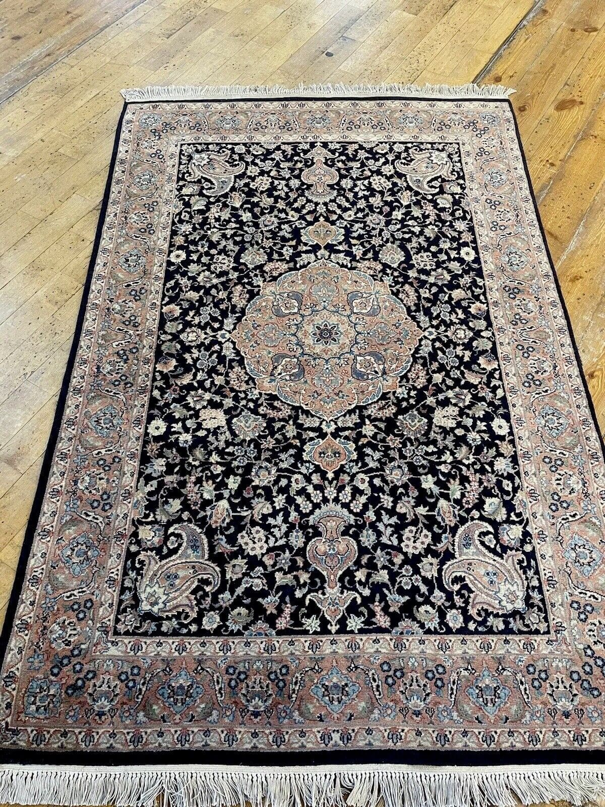 Perserteppich 185x120 cm - Sehr feiner Kashmir, handgeknüpft, Top-Qualität, 100% Schurwolle, lebendige Blautöne, traditionelles Medaillon-Design, handgeknüpft