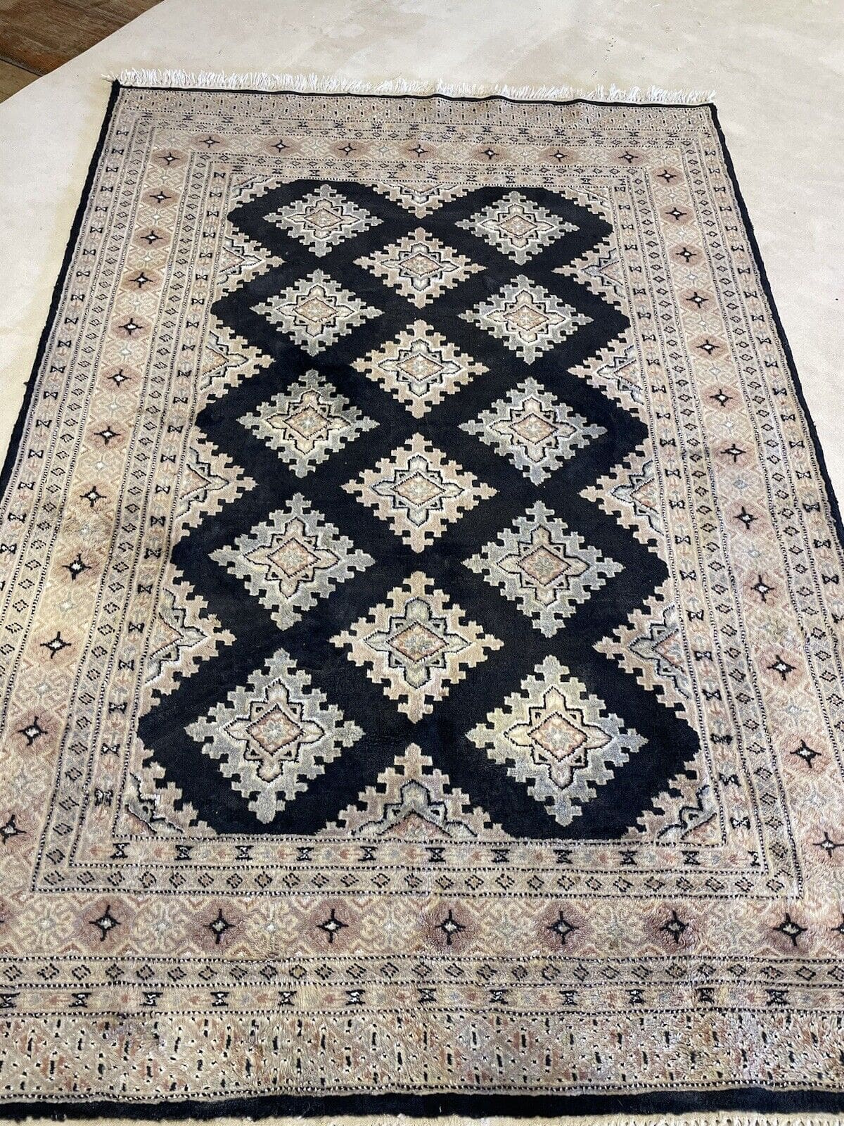 Exklusiver Pakistanischer Bochara Teppich 180x120 cm - Dunkelblau, Florhöhe 0,5 cm, Geometrisches Muster, 100% Schurwolle, handgeknüpft, Perserteppich