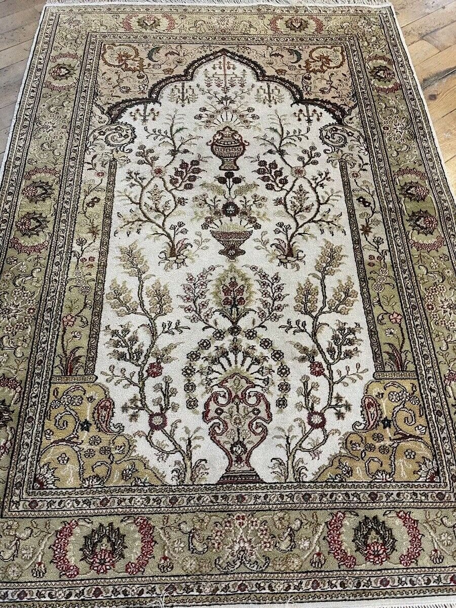 Original Kaschmir Seiden Teppich 180x120 cm, 320.000 Knoten/m², Himmelsdarstellung in Beige, 5mm Florhöhe, handgeknüpft, Perserteppich