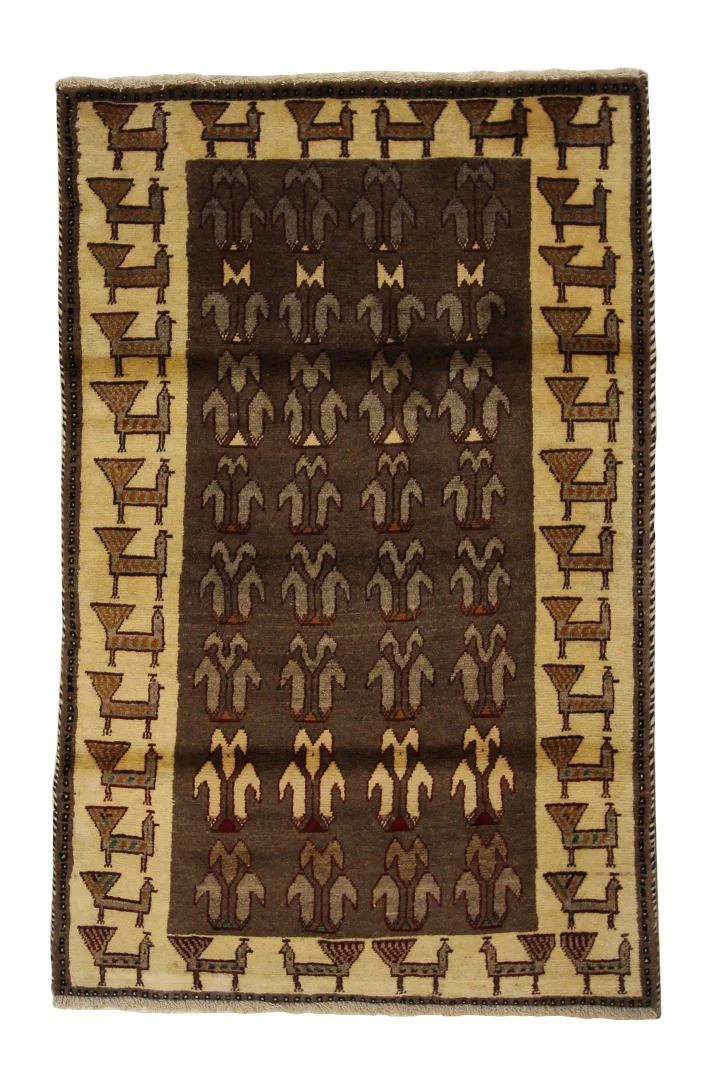 Gabbeh - Shuli 160 x 103 cm, Knotendichte: 90.000 - 180.000/m², frei erfundene Muster, handgeknüpft, Perserteppich
