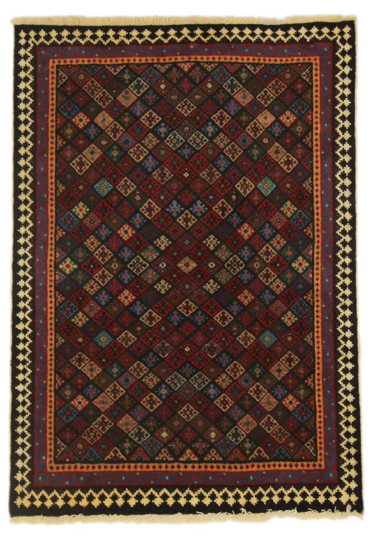 Gabbeh Shuli Teppich 147 x 103 cm, Knotendichte 90.000 - 180.000/m², ausgefallene Muster auf glanzvoller Schurwolle, handgeknüpft, Perserteppich