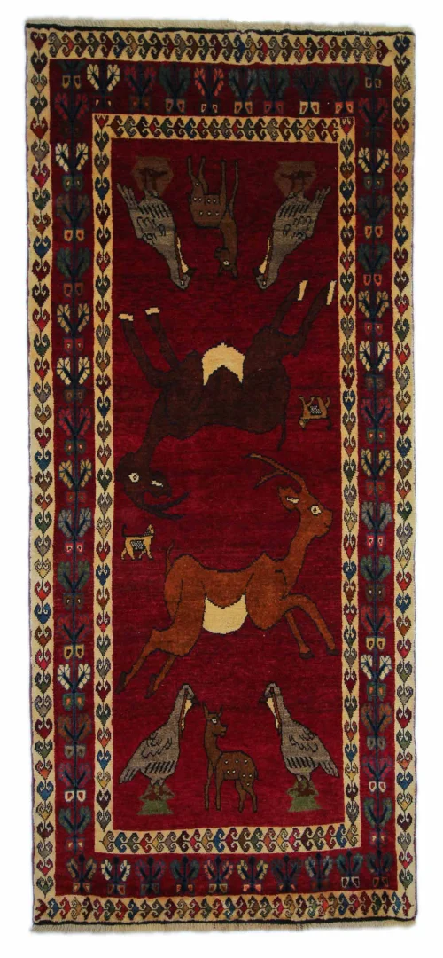 Gabbeh Teppich 238 x 104 cm - Knotendichte 90.000 - 180.000/m² - Ausgefallene Muster in Rot, Beige, Grau und Braun - handgeknüpft - Perserteppich Läufer