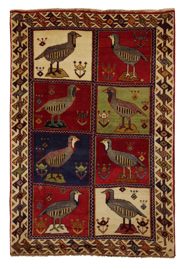 Gabbeh - Shuli Teppich 180 x 122 cm, Knotendichte 90.000 - 180.000/m², frei erfundene Muster, handgeknüpft, Perserteppich