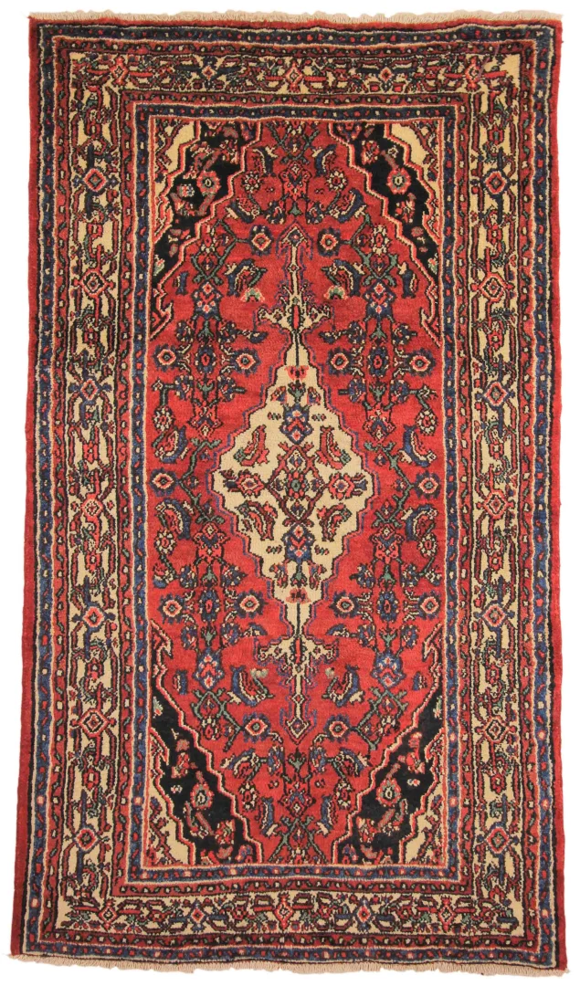 Hamadan Teppich 217 x 123 cm, Knotendichte: 100.000 - 350.000 Knoten/m², widerstandsfähiges Wollmaterial, in Blau und Rot, handgeknüpft, Perserteppich