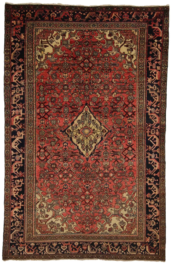 Hamadan Perserteppich 217 x 139 cm, Knotendichte 100.000 - 350.000 Knoten/m², widerstandsfähiges Wollmaterial, handgeknüpft