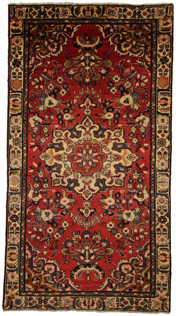 Hamadan Teppich 250 x 132 cm, Knotendichte 100.000 - 350.000, widerstandsfähiges Wollmaterial, blau-rote Farbgestaltung, handgeknüpft, Perserteppich
