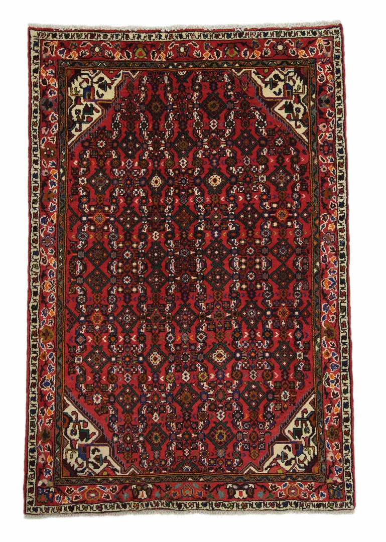 Hosseinabad Teppich 193 x 130 cm, Knotendichte 200.000 - 250.000 Knoten/m², strapazierfähig, rautenförmiges Medaillon, rot, handgeknüpft, Perserteppich