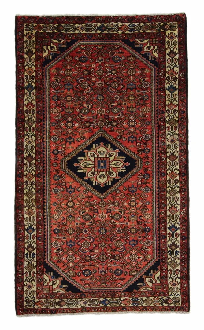 Hosseinabad Teppich 214 x 126 cm, Knotendichte 200.000 - 250.000 Knoten/m², strapazierfähig mit rautenförmigem Medaillon, handgeknüpft, Perserteppich
