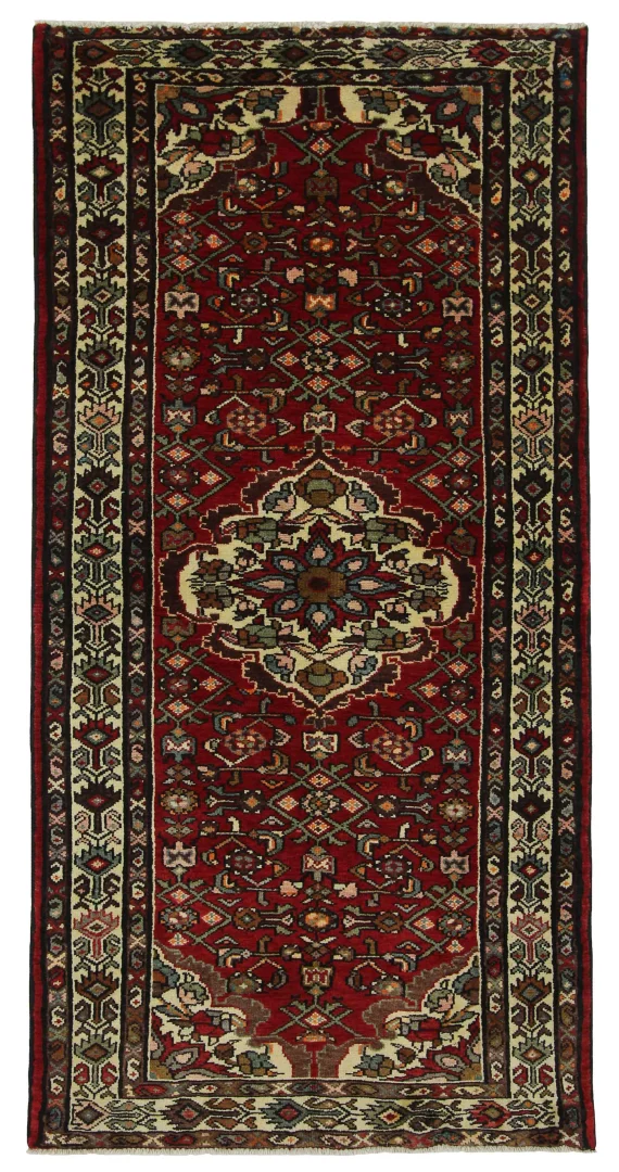 Perserteppich Hosseinabad 238 x 120 cm - 200.000 - 250.000 Knoten/m², hohe Knüpfdichte, strapazierfähig, rautenförmiges Medaillon, rot bis dunkelrot, handgeknüpft Läufer