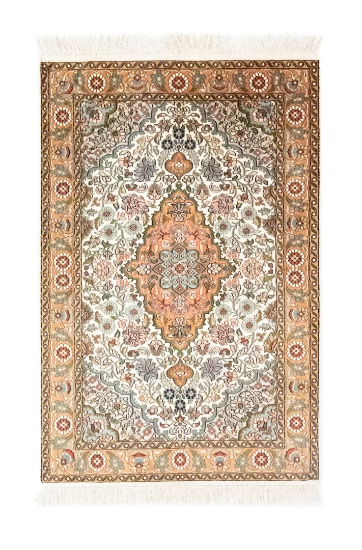 Kaschmir-Seide Teppich 120 x 80 cm – hohe Knotendichte, florales Feldmuster, handgeknüpft, Perserteppich