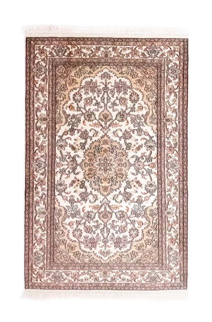 Kaschmir-Seide Perserteppich 125 x 80 cm – Hochwertige Knotendichte mit floralen Motiven – handgeknüpft