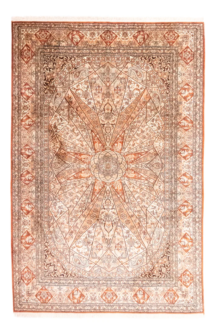 Kaschmir-Seide Teppich 279 x 185 cm – Hohe Knotendichte, florales Feldmuster, handgeknüpft, Perserteppich