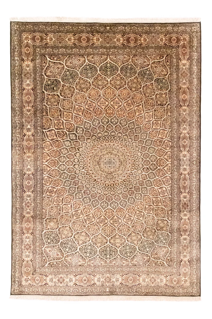 Kaschmir-Seide Teppich 280 x 185 cm – Hohe Knotendichte, florales Feldmuster, handgeknüpft, Perserteppich