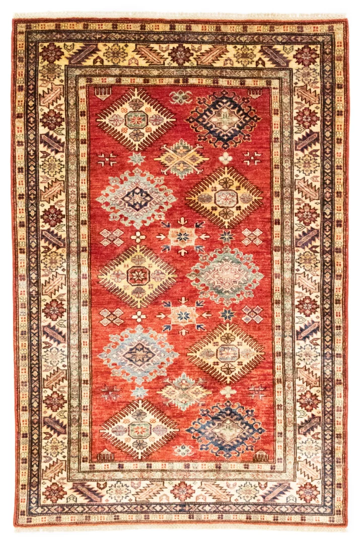 Kazak Teppich 185 x 122 cm - Geometrisches Design, kurzer Flor, handgeknüpft, Perserteppich
