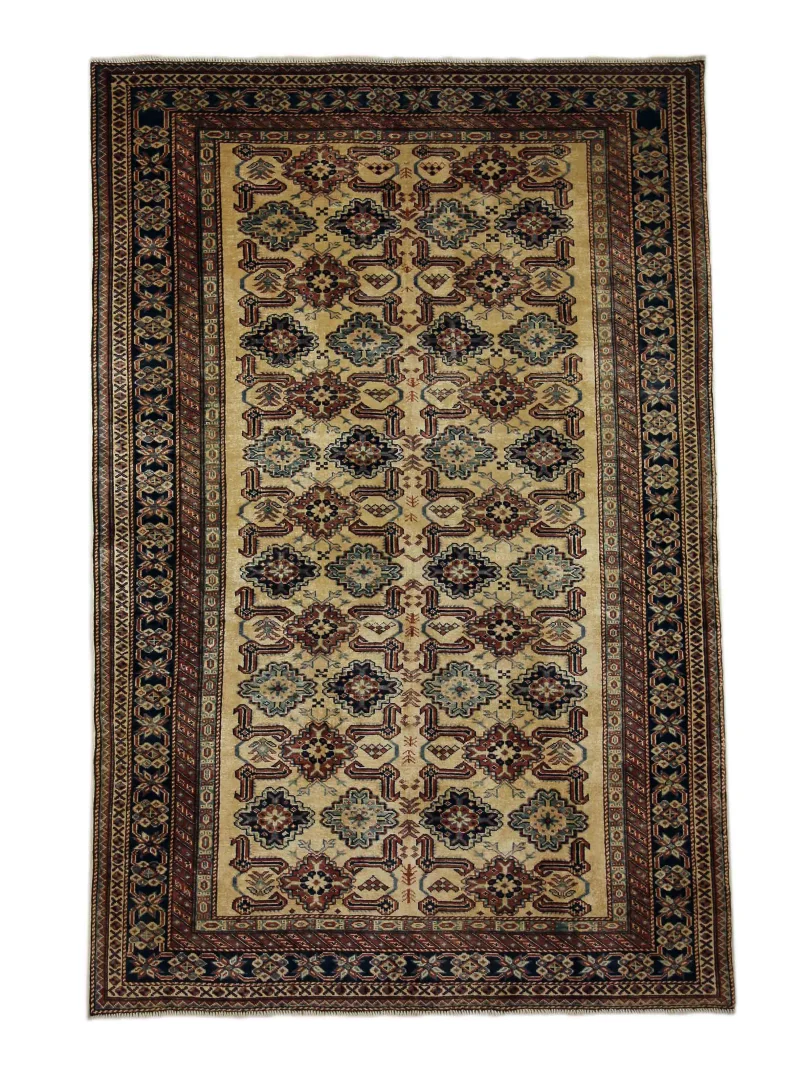 Kazak Teppich 218 x 143 cm - Geometrisches Design, kurzer Flor, handgeknüpft, Perserteppich