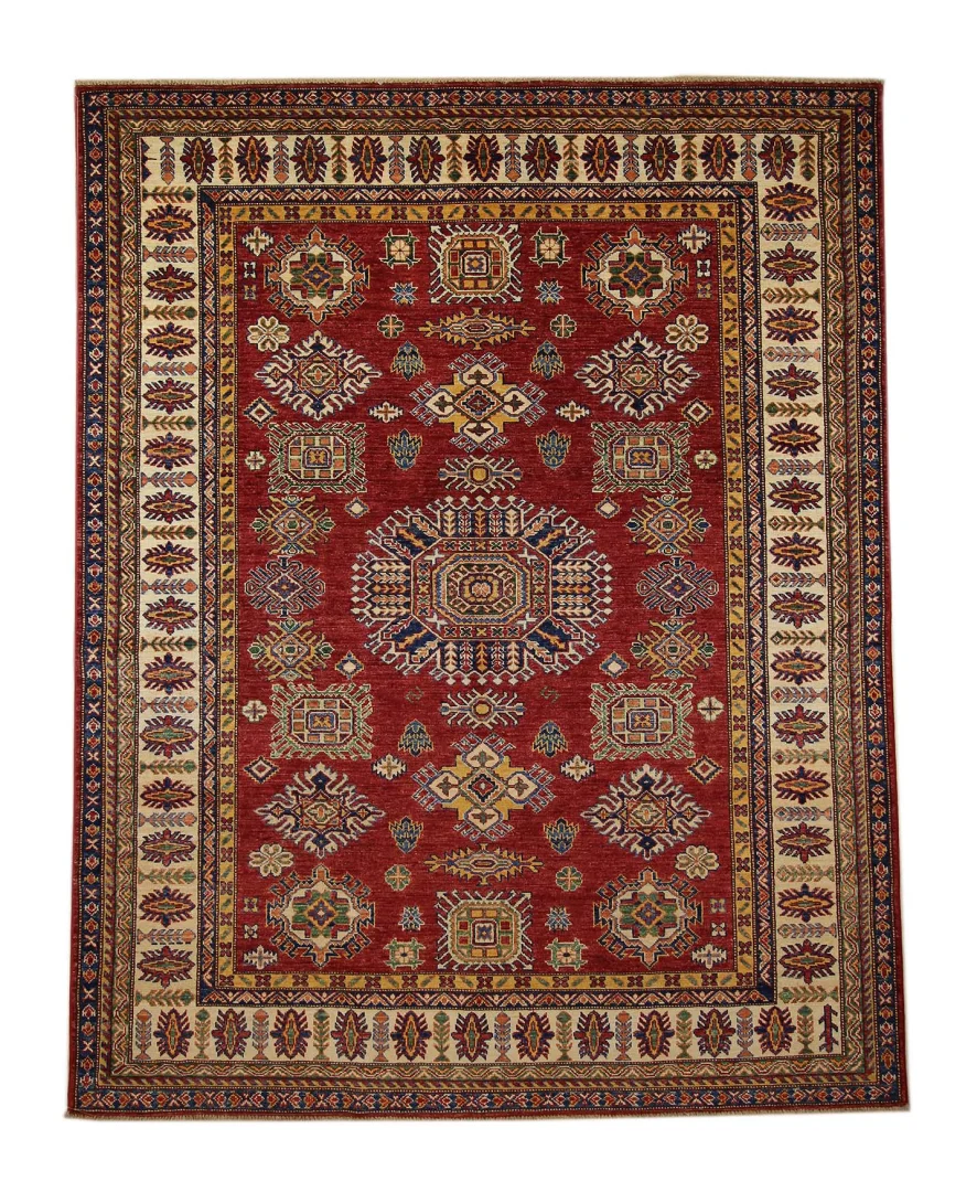 Kazak-Teppich 233 x 186 cm – Geometrisches Design, kurzer Flor, handgeknüpft, Perserteppich