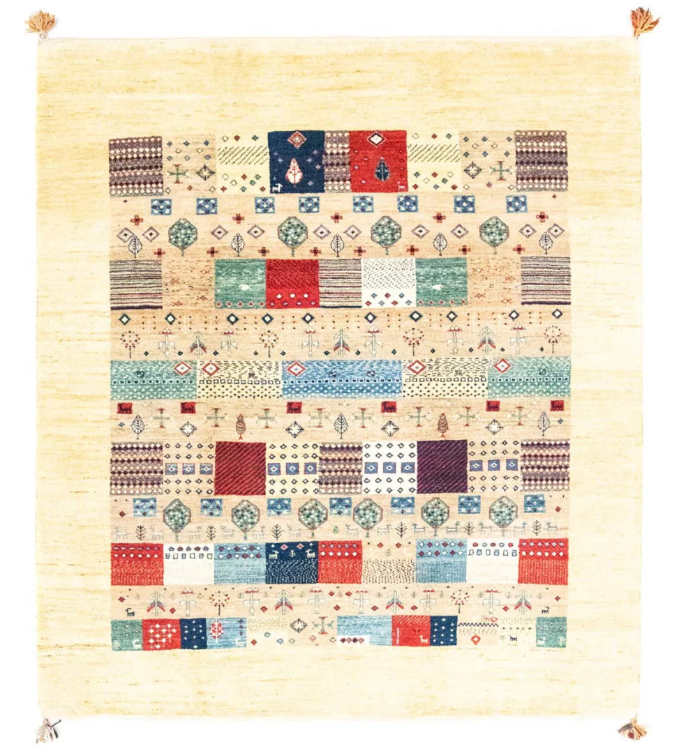 Gabbeh-Loribaft Teppich 230 x 200 cm - 150.000 - 220.000 Knoten/m² - Abstraktes Design mit Tier- und Pflanzenmotiven - Handgeknüpft, Perserteppich