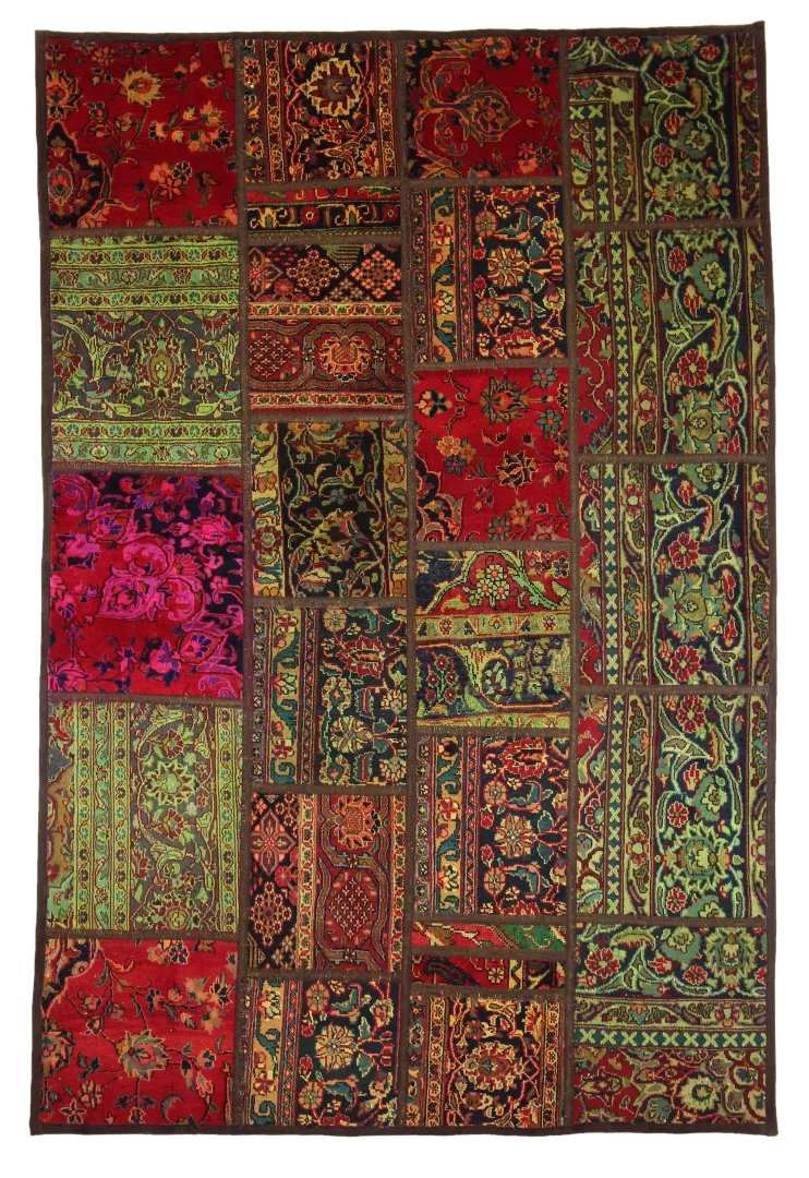 Patchwork-Teppich 243 x 162 cm – Geometrisches Design aus handgeknüpften Orientteppichen, kunstvoll zusammengenäht, mit natürlichen Farbtönen, einzigartiges Kunstwerk