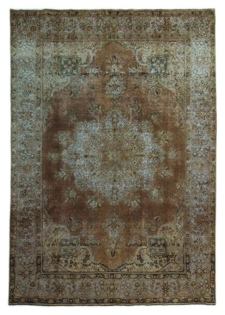 Vintage Perserteppich 296 x 208 cm – Handgeknüpft, Aufwendig Aufgearbeitet, Farbige Ornamente, Moderner Touch