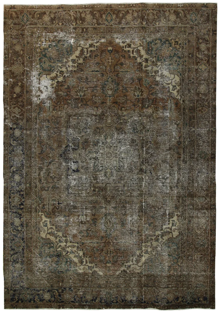 Vintage Perserteppich 338 x 238 cm – Einzigartiges Design, handgeknüpft, mit gekürztem Flor und verfeinerten Farben