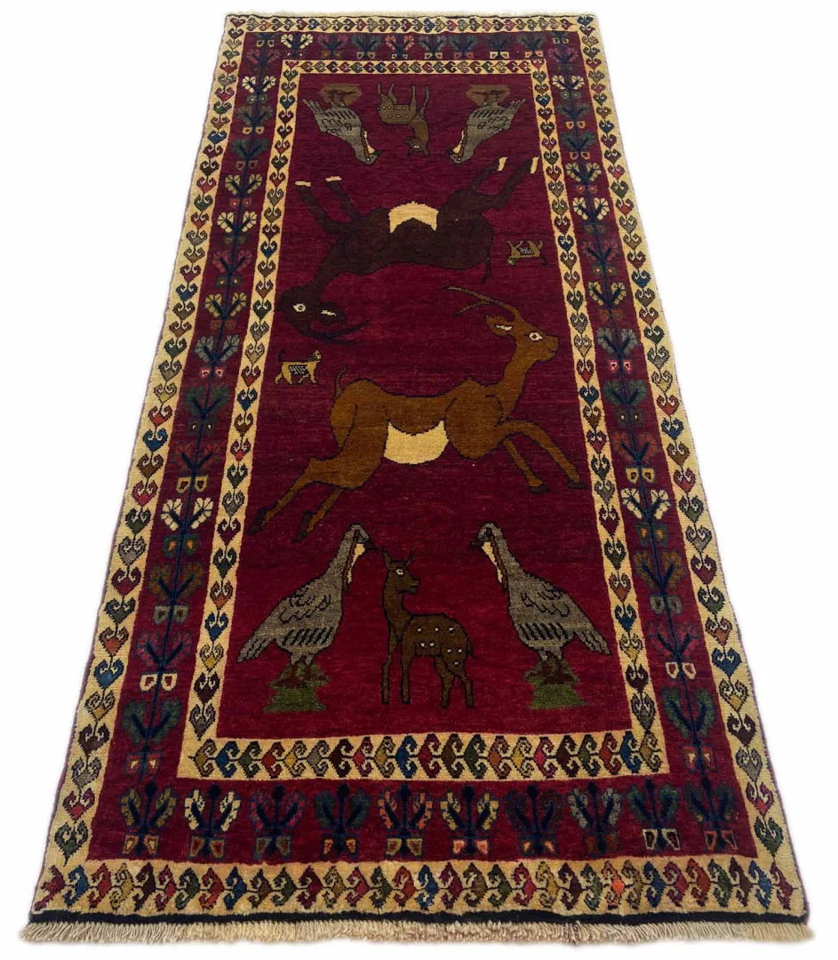 Gabbeh Teppich 238 x 104 cm - Knotendichte 90.000 - 180.000/m² - Ausgefallene Muster in Rot, Beige, Grau und Braun - handgeknüpft - Perserteppich Läufer