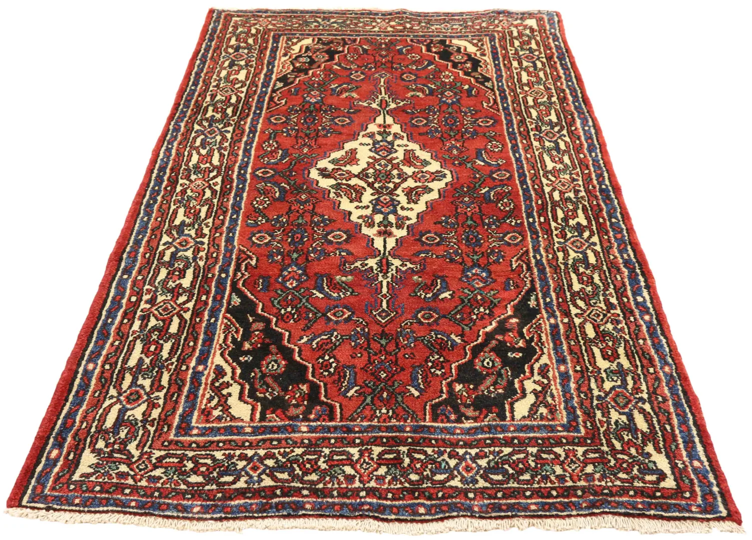Hamadan Teppich 217 x 123 cm, Knotendichte: 100.000 - 350.000 Knoten/m², widerstandsfähiges Wollmaterial, in Blau und Rot, handgeknüpft, Perserteppich