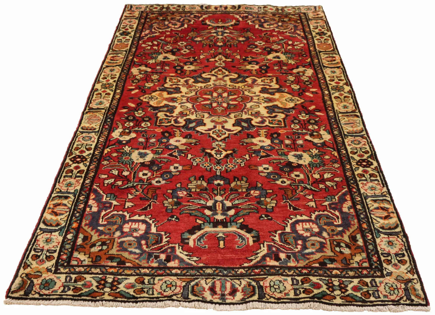 Hamadan Teppich 250 x 132 cm, Knotendichte 100.000 - 350.000, widerstandsfähiges Wollmaterial, blau-rote Farbgestaltung, handgeknüpft, Perserteppich