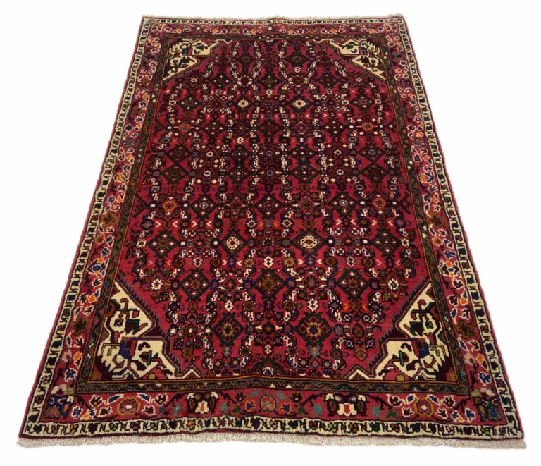 Hosseinabad Teppich 193 x 130 cm, Knotendichte 200.000 - 250000 Knoten/m², strapazierfähig, rautenförmiges Medaillon, rot, handgeknüpft, Perserteppich