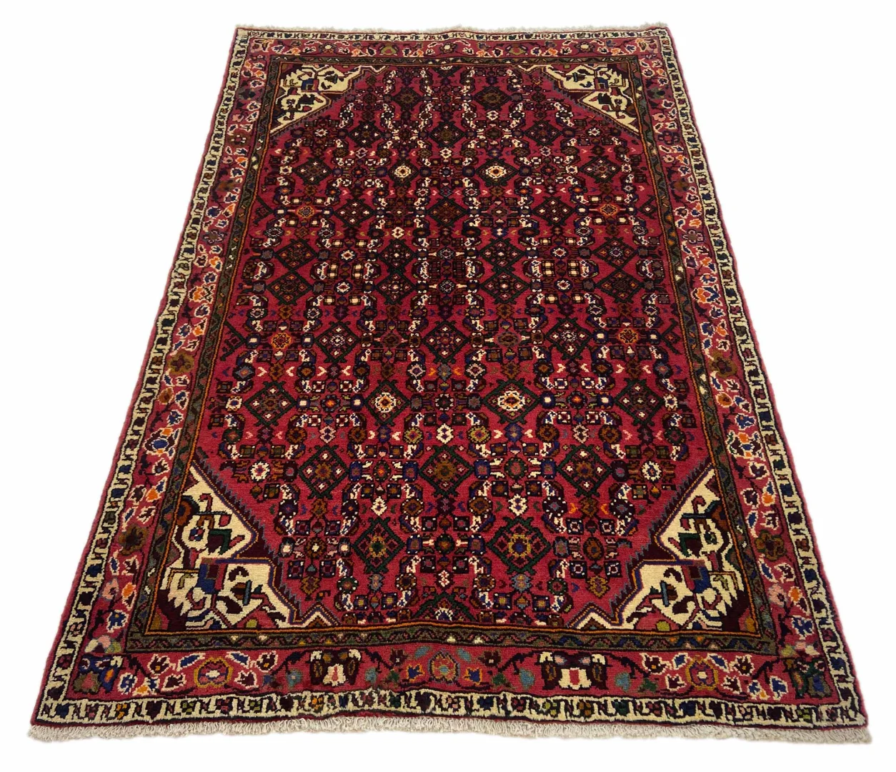 Hosseinabad Teppich 193 x 130 cm, Knotendichte 200.000 - 250.000 Knoten/m², strapazierfähig, rautenförmiges Medaillon, rot, handgeknüpft, Perserteppich