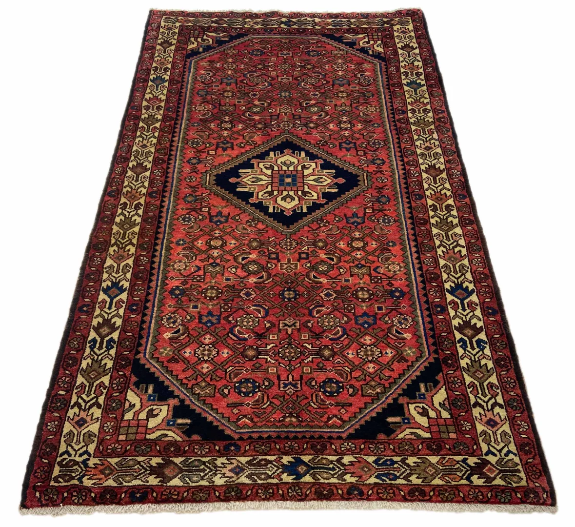 Hosseinabad Teppich 214 x 126 cm, Knotendichte 200.000 - 250.000 Knoten/m², strapazierfähig mit rautenförmigem Medaillon, handgeknüpft, Perserteppich