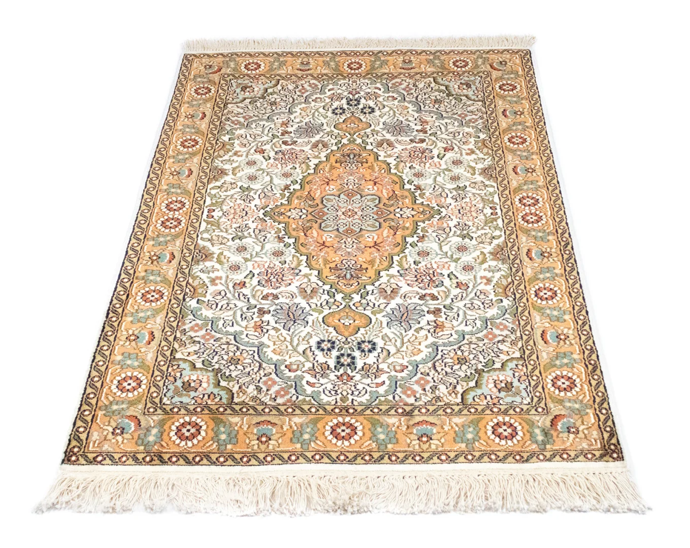 Kaschmir-Seide Teppich 120 x 80 cm – hohe Knotendichte, florales Feldmuster, handgeknüpft, Perserteppich