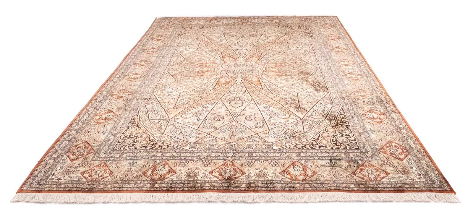 Kaschmir-Seide Teppich 279 x 185 cm – Hohe Knotendichte, florales Feldmuster, handgeknüpft, Perserteppich