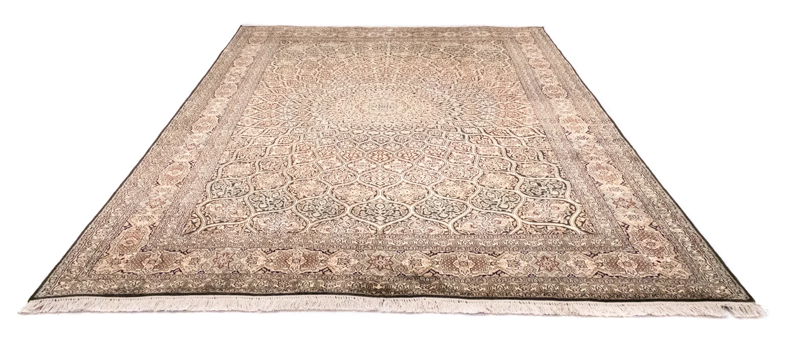 Kaschmir-Seide Teppich 280 x 185 cm – Hohe Knotendichte, florales Feldmuster, handgeknüpft, Perserteppich