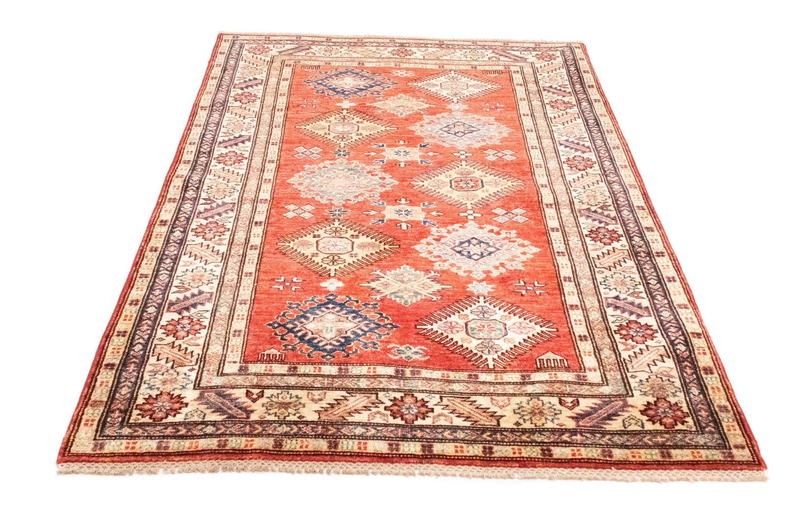 Kazak Teppich 185 x 122 cm - Geometrisches Design, kurzer Flor, handgeknüpft, Perserteppich